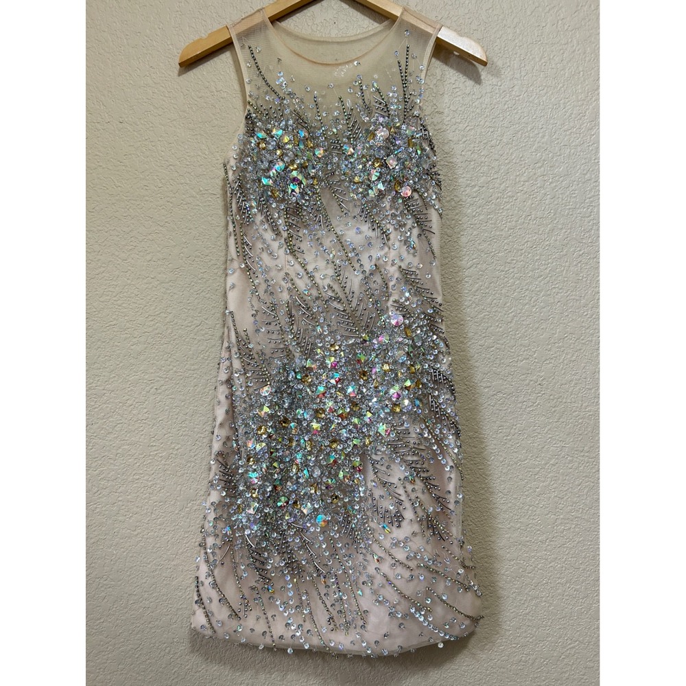 Terani Couture 0 Beaded Illusion Cocktail Dress Nude Champagne Prom HOCO leaf